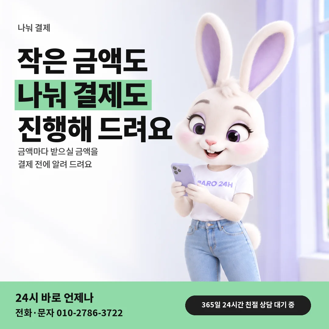 휴대폰을 보며 웃는 BARO 24H 티셔츠를 입은 3D 토끼 캐릭터 옆에 「나눠 결제와 작은 금액」 제목을 얹은 안내 카드