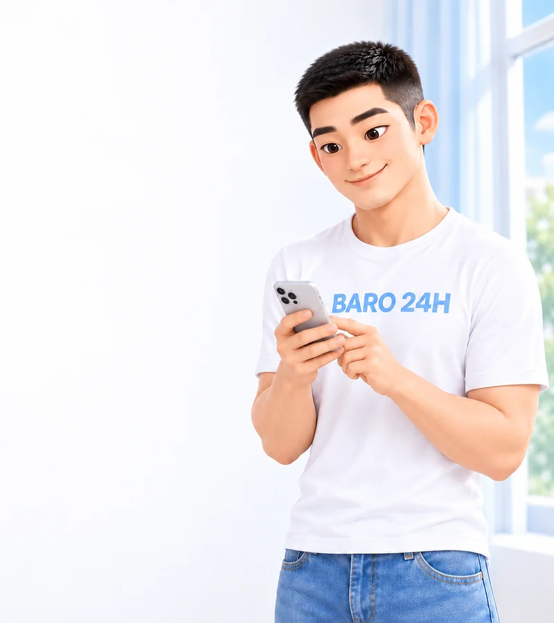 휴대폰을 들고 상담을 안내하는 BARO 24H 티셔츠 차림의 20대 3D 인물